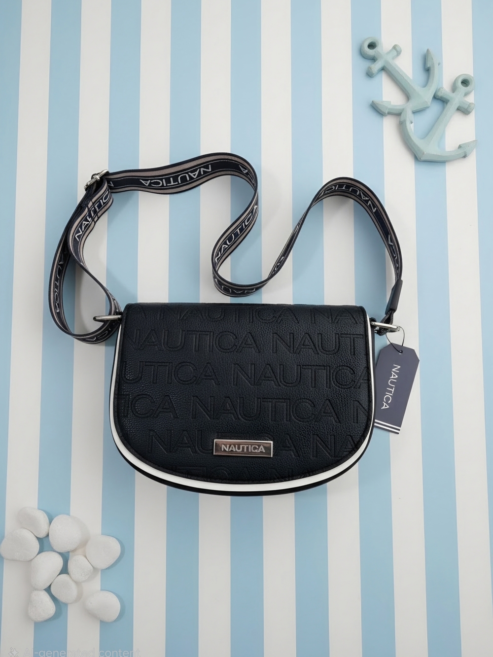 Nautica Black Crossbody with White Trim and Branded Strap